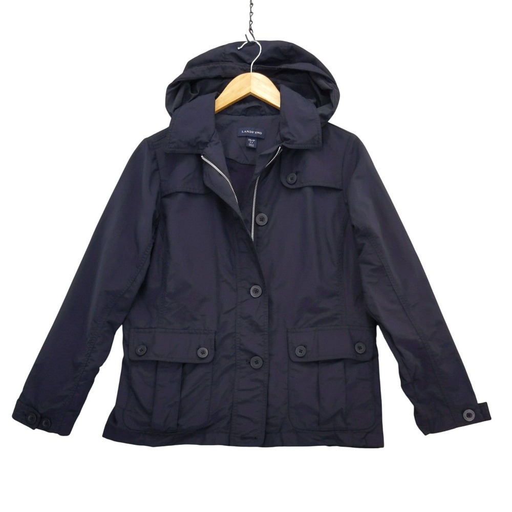 Lands' End Field Jacket Womens XS Navy Blue Removable Hood Utility Coat Squall‎